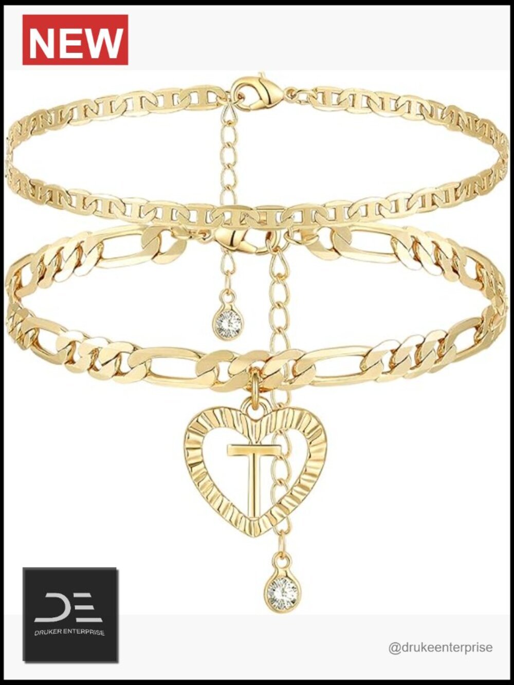 14K Gold Plated Layered Figaro Chain Initial Anklet Handmade Heart Ankle